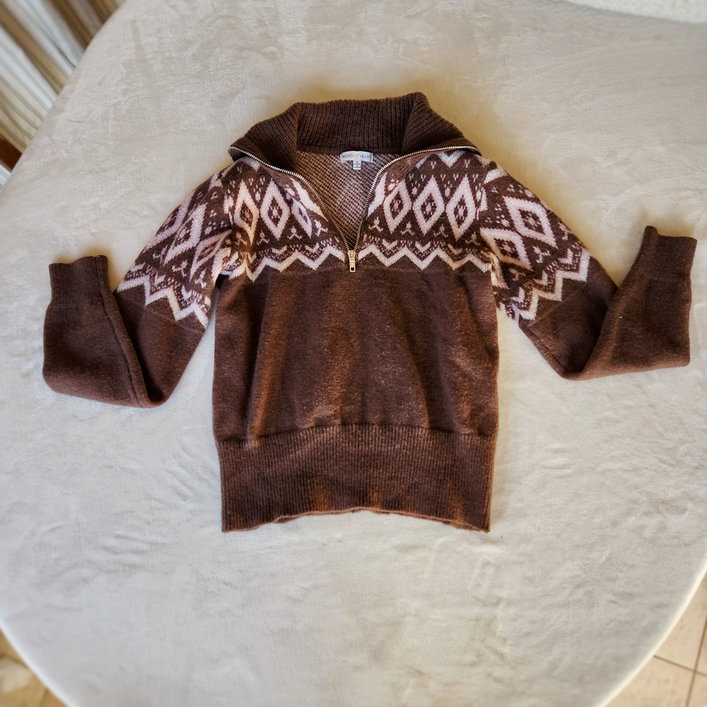 Womens S Woven Heart Brown and Pink Quarter Zip Sweater